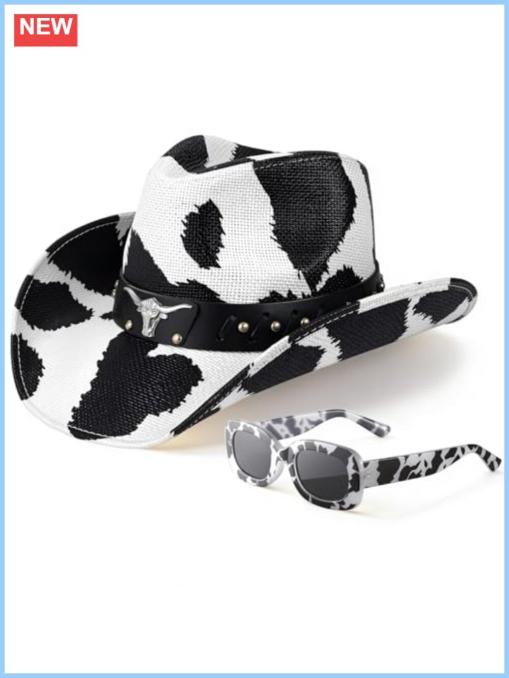Cow Print Cowboy Hat & Sunglasses Set Western Cowgirl Accessory